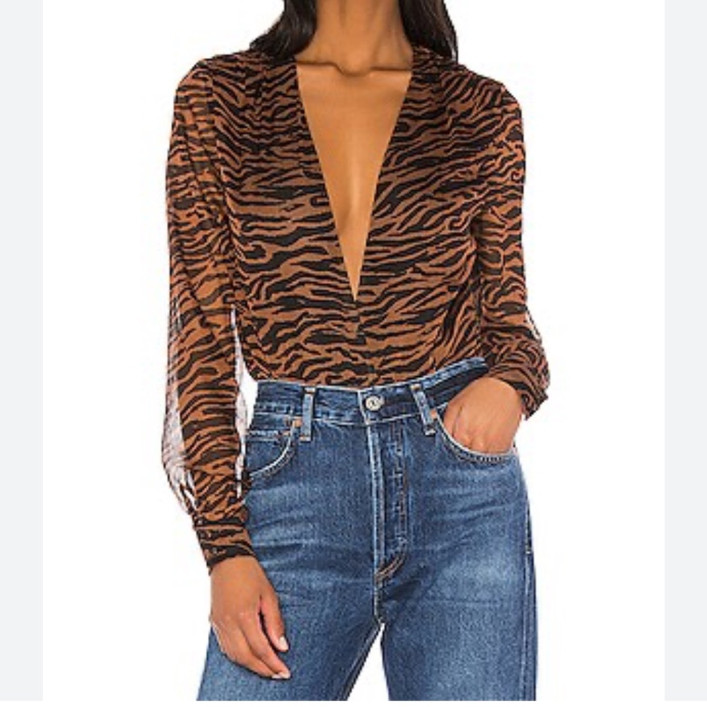 MAJORELLE Brown and Black Tiger Print Deep V Bodysuit